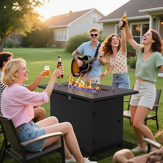 43'' Propane Fire Pit Table, 50000 BTU Gas Fire Pits Table with Removable Lid and Lava Rock, Rectangular Fire Table with Cover, Ideal for Dining or Party on Patio, Garden, Yard, Black