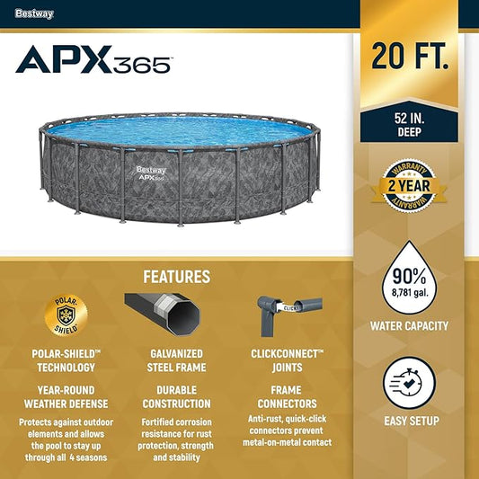Bestway APX 365 20' x 52" Round Above Ground Swimming Pool Outdoor Backyard Framed Pool Set with Sand Filter Pump, Ladder, and Cover, Dark Marble