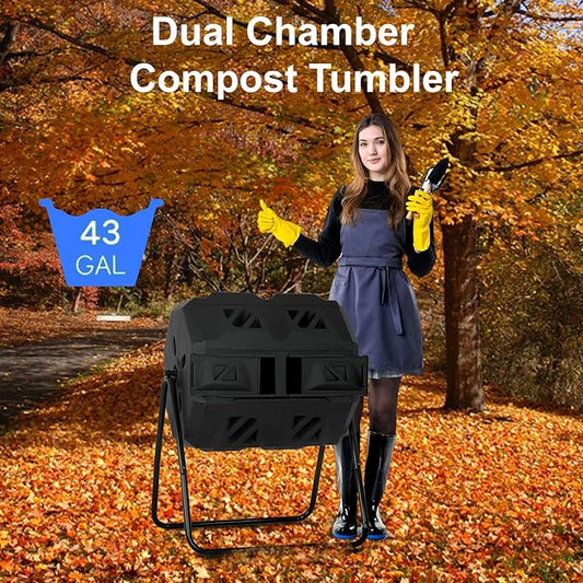 FDW Outdoor Compost Bin, 43 Gallon Dual Chamber Tumbling Composting Bin with Sliding Doors for Garden Patio Kitchen Yard,Black Door