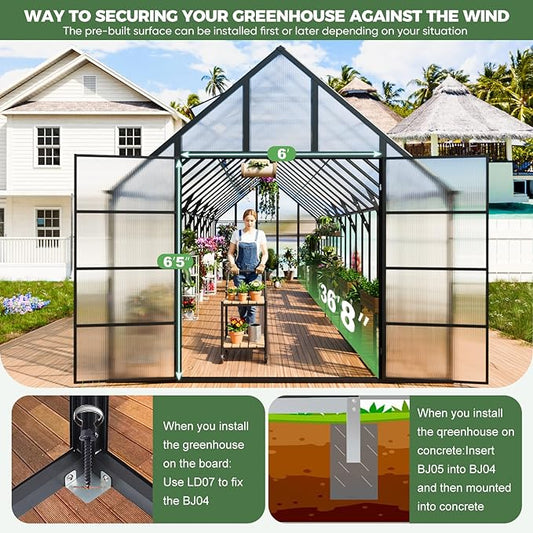 CDCASA 36x10x10 FT Greenhouse for Outdoors, Easy Assembly Large Thicker Aluminum Heavy Duty Polycarbonate Greenhouses Kit w/8 Windows, Outside Sunroom Walk-in Green House for Patio,Backyard
