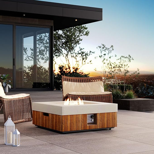 COSIEST 28" Outdoor Propane Fire Pit Table, Small Square Gas Fire Pit Table with Concrete & Log Wood Grain Design, 50000BTU Fire Tables for Patio, Backyard, Garden Heating