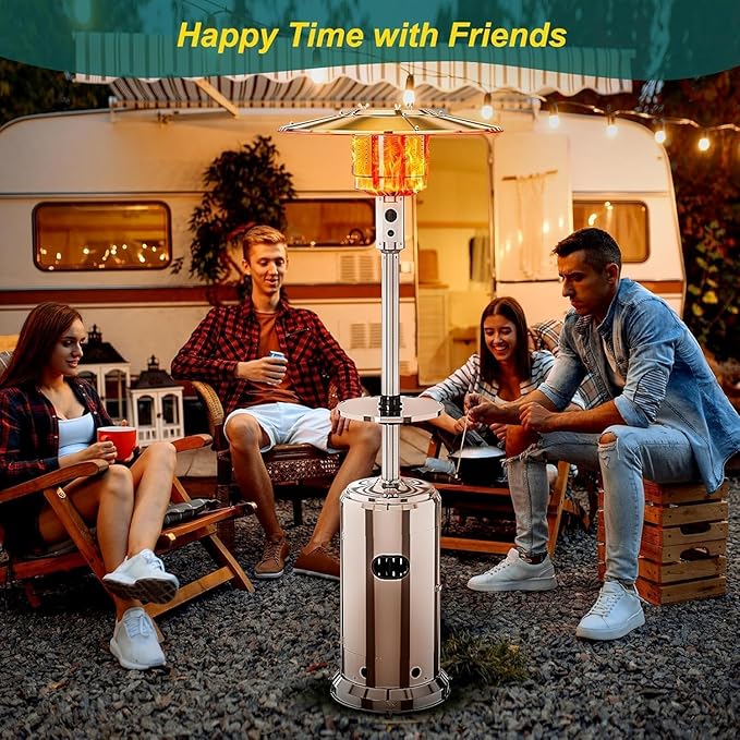 48000BTU Outdoor Propane Patio Heater with Wheels, Triple Safety Protection, Stainless Steel Burner, Includes Round Table for Porch, Camping, Backyard Use, Silver