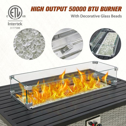 EAGLE PEAK 42'' Rectangular Propane Gas Fire Pit Table with Glass Beads, Wind Guard & Cover Storage, 50,000 BTU Outdoor Firepit Tabletop with Lid and Tank Compartment, Gray PE Rattan