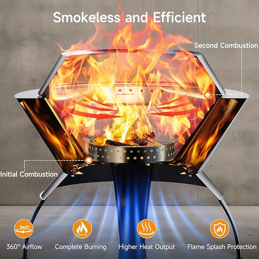 ONBRILL 26 Inch Smokeless Firepit, Outdoor Fire Pit with Waterproof Lid, Removable Ash Pan, Handbag, 2 in 1 Stainless Steel Potable Fire Pits for Outside Wood Burning, Bonfire, Camping, Picnic, Black