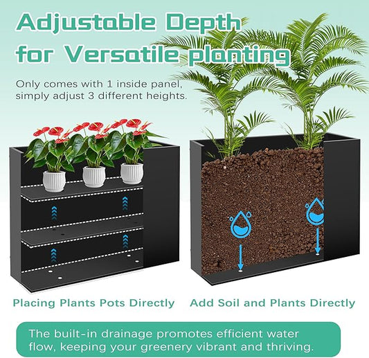 Metal Rectangular Planter Box, Large Planter Boxes Outdoor, 37''L x 13''W x 26''H Heavy Duty Plant Box with Removable Insert Shelf, 3 Tier Adjustable Height Tall Garden Planter for Plants, Flowers