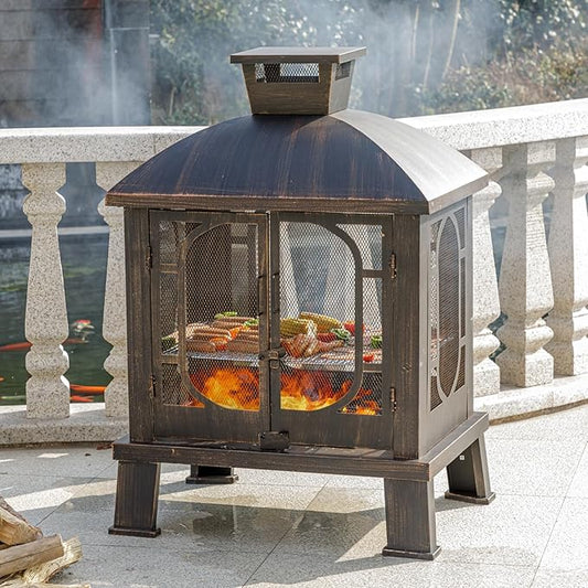 45" H×31''W Metal Chiminea Fire Pit with Grill, Wood Burning Fire Pits for Outside,Square Chimineas Fireplace with Mesh Spark Screen Door& Fire Poker for Garden,Yard,BBQ,Bonfire (Black&Gold)