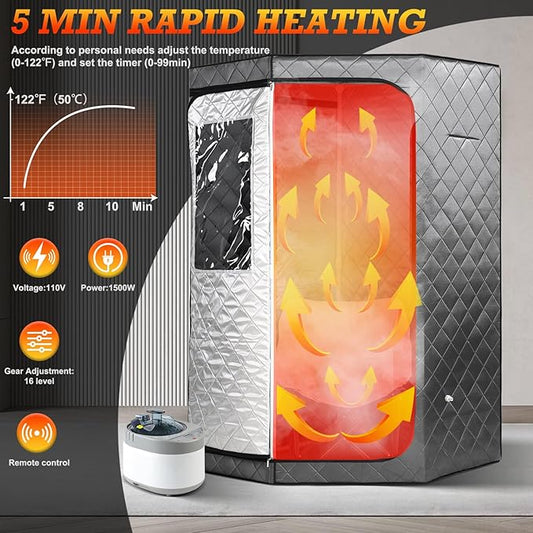 Smartmak Portable Steam Sauna, Full Body Sauna Tent for Home, Personal Home Sauna Box, with 4L & 1500W Steamer, Remote Control, Upgraded Folding Chair