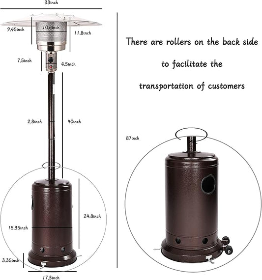 Elevon 48,000 BTU Outdoor Propane Patio Heater with Wheels, Commercial & Residential, Bronze