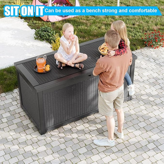 320 Gallon Large Resin Deck Box, Lockable Outdoor Storage Box for Patio Cushions Storage Furniture,Garden Tools, Pool Supplies, Weatherproof and UV Resistant-Black Rattan (320 Gallon)