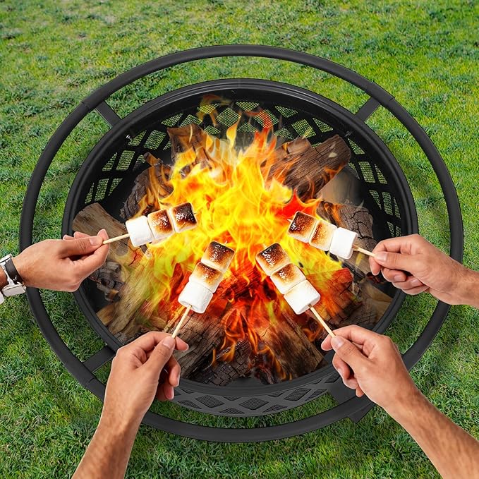 36-Inch Outdoor Wood Burning Fire Pit with Lid & Spark Screen, Heavy Duty Steel, BBQ Grill Grate, Poker, for Backyard, Patio, Campfire