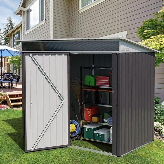 Vongrasig 6x4 FT Outdoor Storage Shed, Metal Garden Shed Clearance with Window and Lockable Door, All-Weather Sloping Roof Tool Shed for Backyard, Patio, Dark Gray