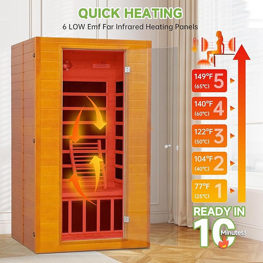 Real Relax Far Infrared Sauna for Home, 1 to 2 Person Indoor Home Sauna with Low Emf Red Light Therapy, Canadian Hemlock Wooden Dry Saunas Room with Bluetooth Speakers, 9-Color Chromotherapy Lights