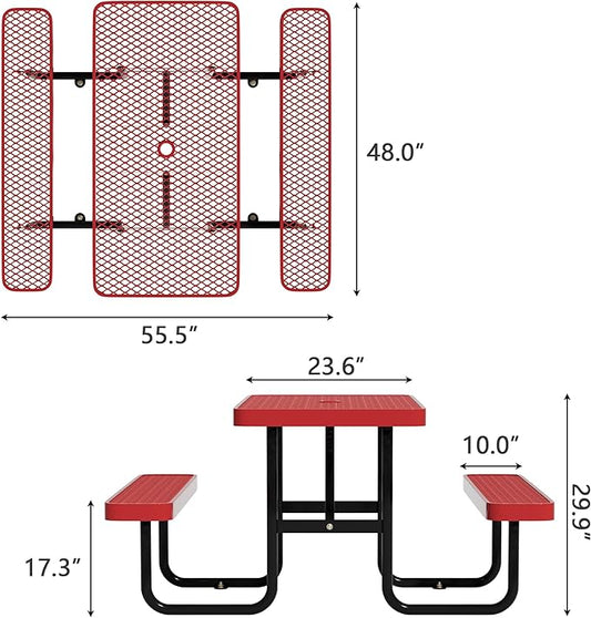 4FT Picnic Tables for Outdoors, Rectangular Commercial Metal Picnic Table Bench Set with Umbrella Hole,Heavy Duty Steel Weather-Resistant Dining Table for Patio Dining Garden Backyard BBQ School
