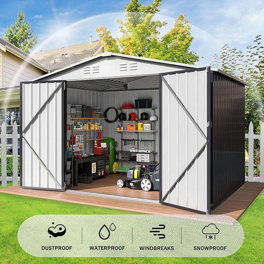Polar Aurora 6x8 FT Outdoor Storage Shed, Metal Garden Shed with Updated Frame Structure, Tool Sheds for Backyard Garden Patio Lawn White