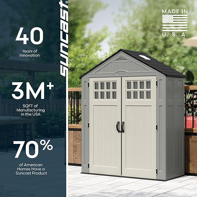 Suncast Everett 6x3 ft Vertical Storage Shed - Resin Plastic Outdoor Garden Shed with Floor, Windows, Skylight & Lockable Double Doors. Slim Yard Storage for Utility Tools & Backyard Equipment
