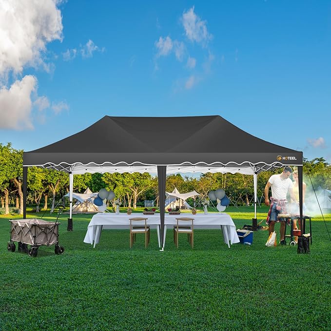 HOTEEL 10x20 Pop Up Canopy, Outdoor Easy Setup Party Tent, Waterproof Portable Enclosed Event Shelter with Wheeled Bag, Weight Bag for Backyard, Vendor, Black