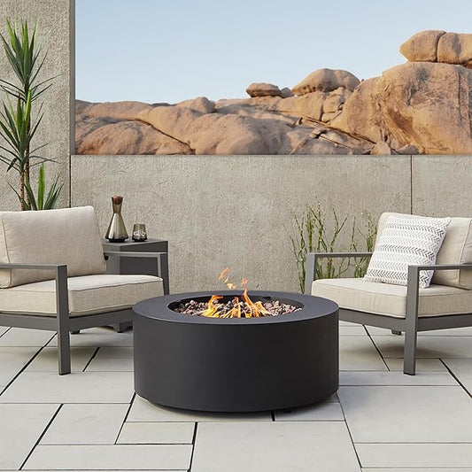 Real Flame Aegean 36" Round Propane or Natural Gas Fire Pit Table, 50,000 BTU, Powder-Coated Steel, Push-Button Ignition, CSA Certified, Lava Rock, Storage Cover, Stainless Steel Burner with Lid