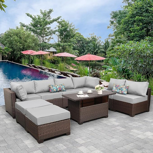 9 Pieces Wicker Patio Furniture Set Outdoor PE Rattan Sectional Conversation Sofa Set with Grey Cushions and Storage Table
