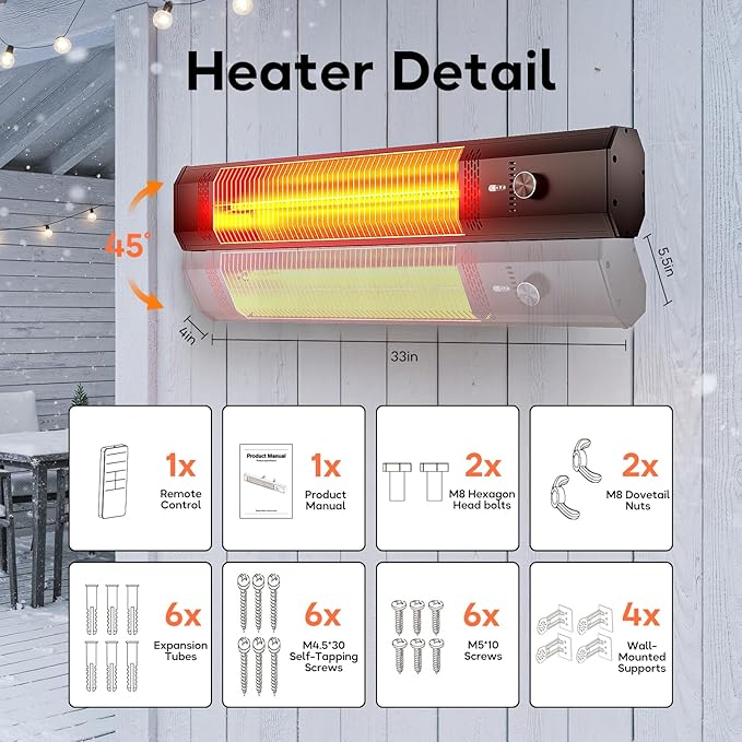 Wall Mounted Outdoor Patio Heater,Space Heater for Garage Backyard Room Indoor,1500W Fast Electric Infrared Heater with Remote Control,9H Timers,Waterproof,Child Lock,Large
