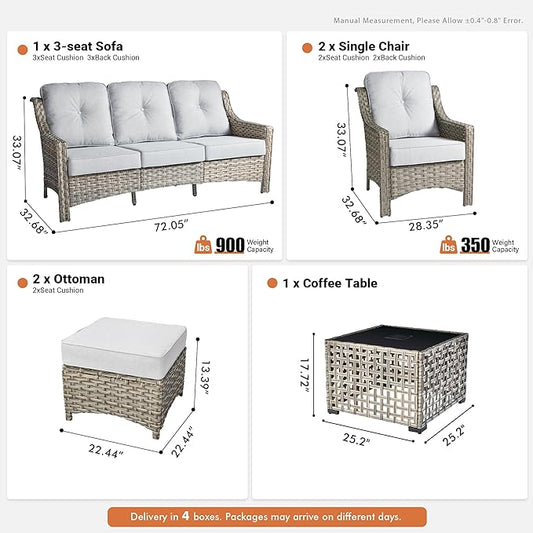 6 Pieces Patio Outdoor Furniture Set,All Weather Wicker Rattan Patio Seating Sofa and Chair Set w/Ottoman and Glowing Coffee Table,Outdoor Conversation Sets for Deck Yard Garden,Grey