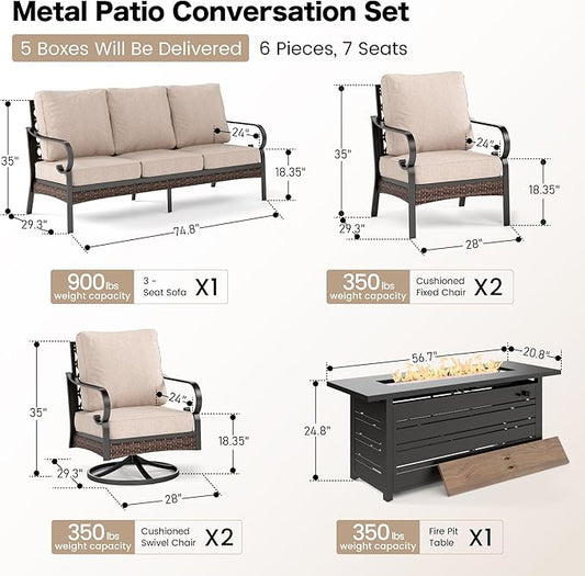 6 Piece Black Metal Outdoor Patio Furniture Sets with Firepit Table, Patio Conversation Sets 1 3-Seater Sofa, 2 Leg Sofa and 2 Swivel Sofa with 5.75" Cushion for Backyard Deck, Beige