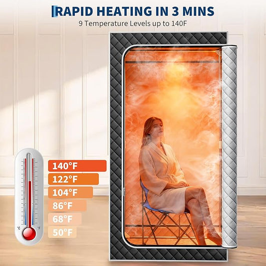 Portable Sauna Box for Home, Personal SPA Steam Sauna with 10 Min Fast Heating,Warm Sauna Tent with 3L/1200W Steamer, 9 Levels, Steam Sauna Tent with 600D, Easy Setup Foldable Sauna for Home Spa(Grey)