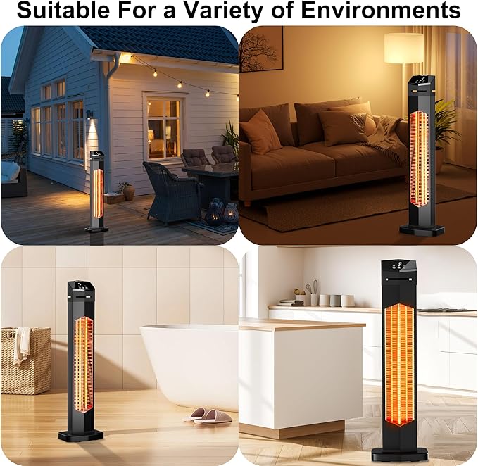 AKIRES Outdoor Electric Patio Heater,37IN 1500W Infrared Tower Heater with Instant Heating,Tip-Over & Overheat Protection,IP54 Waterproof Space Heater For Patio Garage Indoor & Outdoor Use,Matte Black