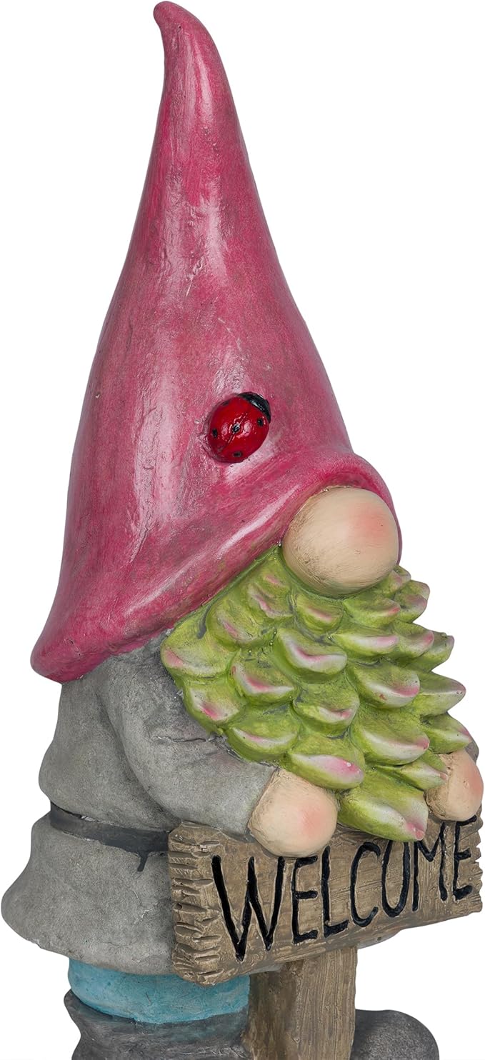 Alpine Corporation 19" Tall Outdoor Red Hat Holding “Welcome” Sign Gnome Statue, Stylish Weatherproof Garden Decor