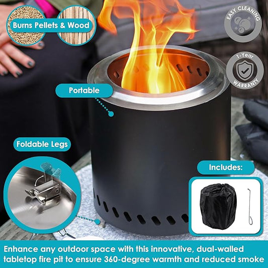 Sunnydaze Tabletop Smokeless Fire Pit with Foldable Legs, Storage Bag, and Poker - Pellet or Wood Burning Portable Fire Pit for Camping- 9.75-Inch H - Black