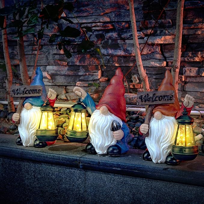 WONDHOME Garden Gnomes Statues Outdoor Decor with Shovel Solar Gnome with Lantern LED Lights,Terrace Xmas Courtyard Lawn Patio Porch Decoration Birthday Christmas Housewarming Gift for Mom Women