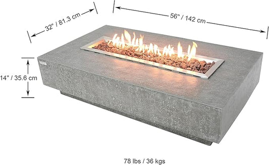 Elementi | Hampton Gas Fire Pit Cast Concrete 56" Rectangular Fire Table, Outdoor Fire Pit Electronic Ignition | Canvas Cover, Lava Rock Included | Light Gray (Natural Gas)