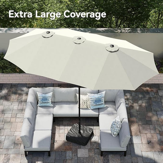 PHI VILLA 15ft Large Patio Umbrellas with Base Included, Outdoor Double-Sided Rectangle Market Umbrella with Stand, Outside Umbrellas for Poolside Lawn Backyard, Ivory