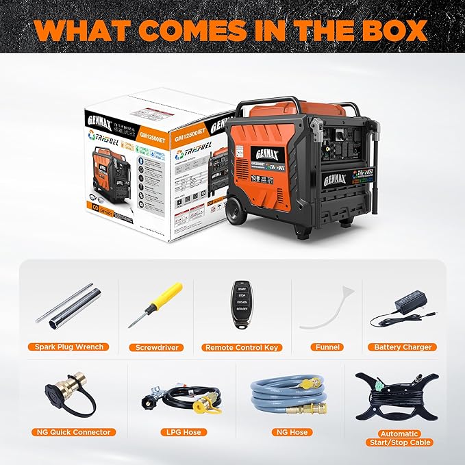GENMAX 12500W Tri-Fuel Inverter Generator with Bluetooth & CO Shield (2026 Model) - Quiet, 50A Outlet, 2-Wire Auto Start, Ideal for Home Backup, RV, Camping - EPA Compliant (GM12500iET)