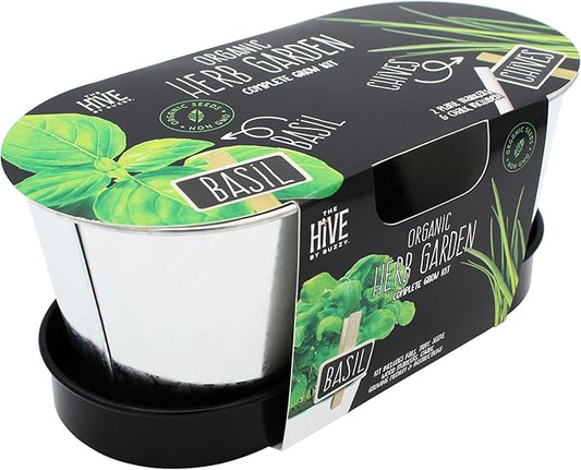 BUZZY Seeds Kitchen Herb Garden Kit with 2-Pot Metal Planters with Plant Markers, Organic Basil and Chive Seeds, Coconut Husk Growing Medium, Indoor Countertop Gardening Gift