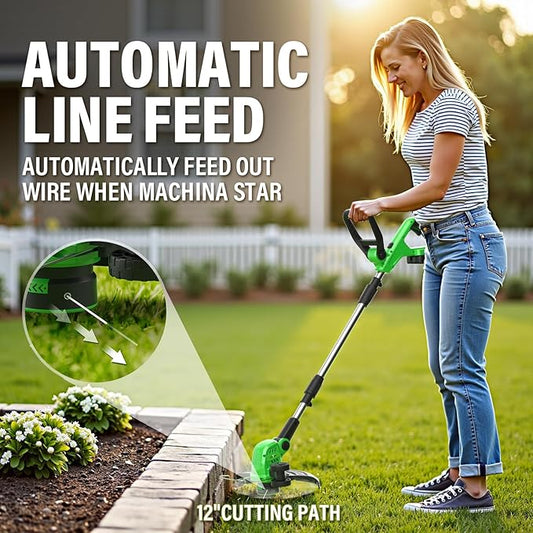 SOYUS Weed Wacker Cordless, 20V 12 Inch Cordless String Trimmer Edger, Weed Wacker Battery Operated with 8 PCS Replacement Spool Trimmer Lines with 2x2.0Ah Battery and Charger