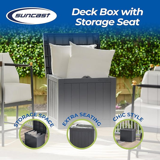 Suncast Small Deck Box Storage w/ Bench Seat for Indoor & Outdoor Use, 22 Gal., Cyberspace