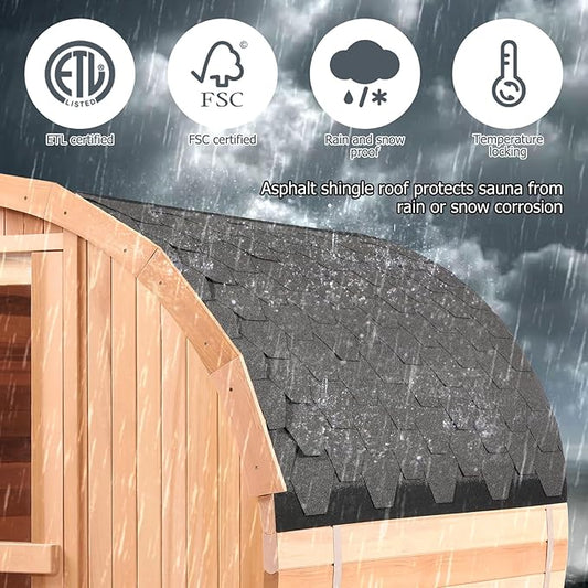 Smartmak Outdoor Barrel Steam Sauna, 6-8 Person Canadian Hemlock Wooden, with 6KW Toule Electric Stove, Accessories, Asphalt Shingle Roof (220V)