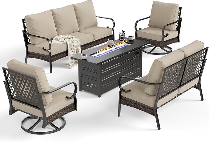 5 Piece Black Metal Outdoor Patio Furniture Sets with Firepit Table, Patio Conversation Sets 1 3-seater Sofa, 1 2-seater Sofa, 2 Swivel Sofa with 5.75" Cushion for Backyard Deck, Beige