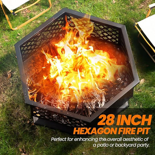 28 Inch Hex-Shaped Fire Pit,Wood Burning Fire Pits for Outside with Spark Screen&Poker,Metal Hexagon Outdoor Firepit for Backyard,Bonfire,Patio,Party,Garden,Picnic and Camping(28'' Black)