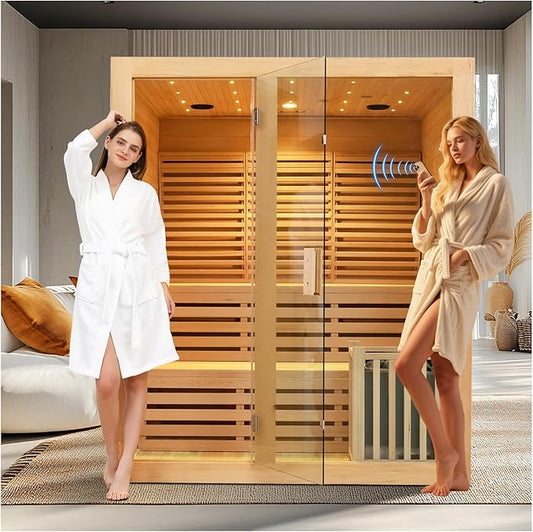 ZONEMEL Wooden Steam Sauna Room, 4 to 5 Person Canadian Hemlock Luxurious Indoor Sauna with 6 KW Harvia Stove Heater, Sauna Stone, Wooden Bucket, Scoop, Reading Light, WiFi Control, 220V