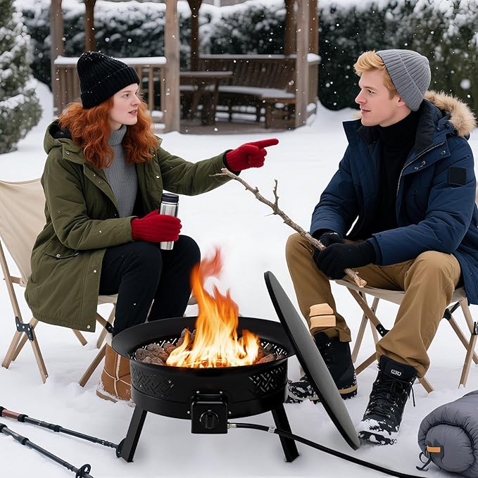 Tangkula Portable Propane Fire Pit, 24.5 Inch 58,000 BTU Smokeless Fire Bowl with Carry Strap, Lid & Folding Legs, Tank Base Holder, Outdoor Gas Fire Pit for Camping Patio Backyard