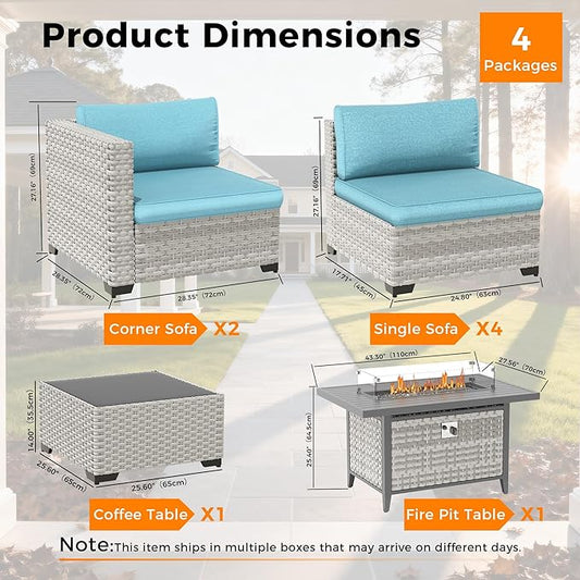 6-Seat Modern Outdoor Wicker Rattan Patio Furniture Set with 55,000 BTU Fire Pit Table, Thick 4″ Cushions, All-Weather Dual-Strand Rattan, Rust-Resistant Steel Frame,Blue