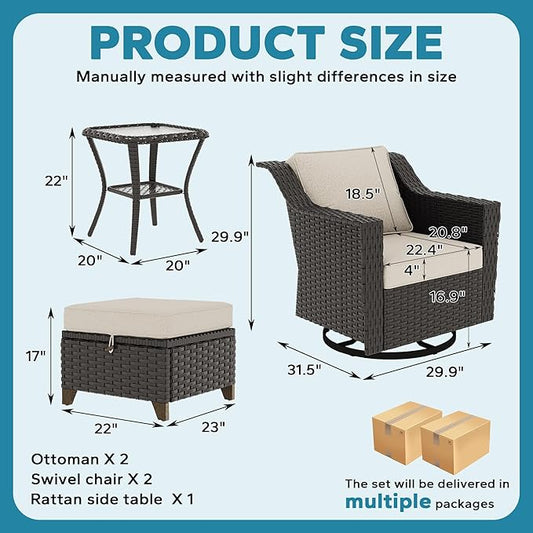 5 Pieces Patio Conversation Furniture Set - Swivel Chairs with Ottomans Set of 2, 1 Side Table, Outdoor Wicker Furniture Set with Washable Cushions for Porch, Balcony, Sunroom (Beige)
