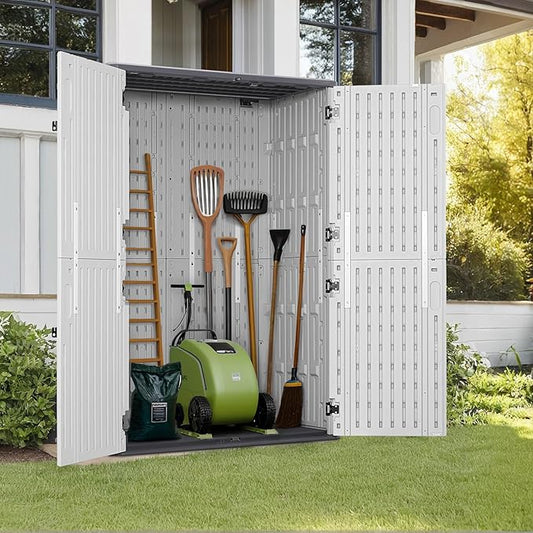 Macrout 50 Cu.Ft Plastic Outdoor Storage Cabinet with Floor, 4.3 x 2.5 ft Waterproof Resin Outdoor Storage Shed, Lockable Vertical Shed for Garden and Patio