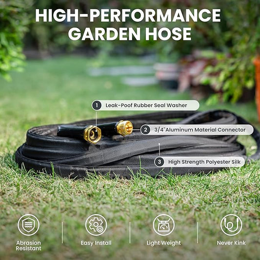 Giraffe Tools Garden Hose 100FT Lightweight Lay Flat Water Hose Kink Free Flexible Hose with 9 Spray Function Nozzle(Black)