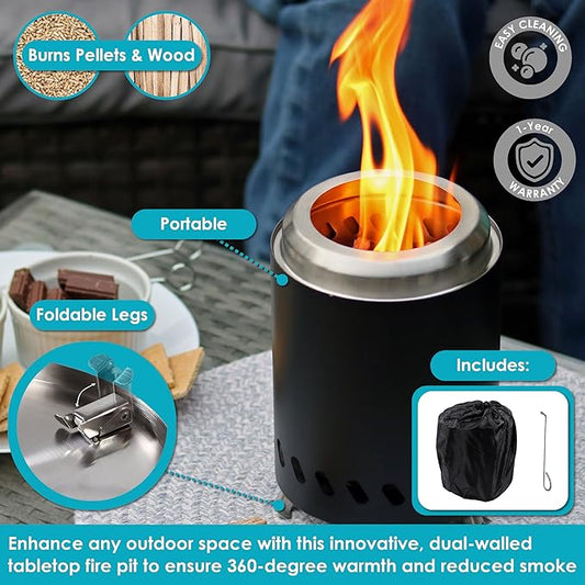 Sunnydaze Tabletop Smokeless Fire Pit with Foldable Legs, Storage Bag, and Poker - Pellet or Wood Burning Portable Fire Pit for Camping - 8-Inch H - Black
