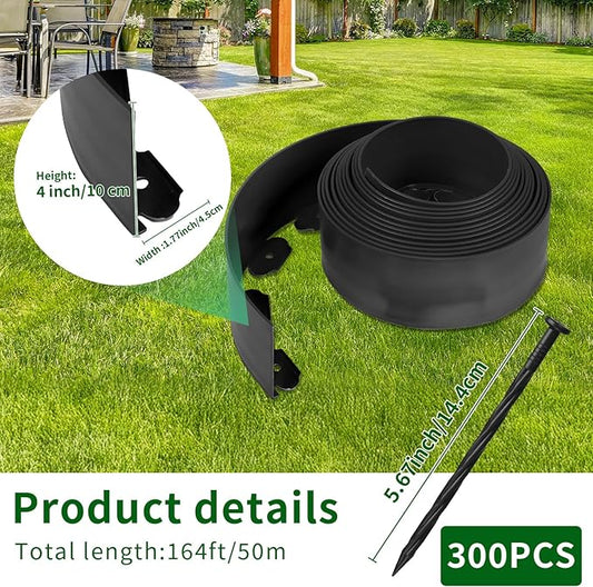 4 in x 164 Ft Garden Landscape Edging, No Dig Garden Edging Border Kit with 300 Pcs Spikes for Flower Bed Lawn Yard Grass Black