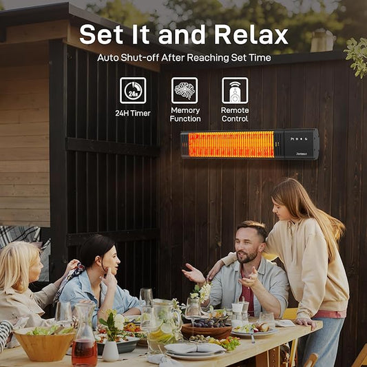 Powerscale 1500W Electric Patio Heater, IP65 Waterproof, Remote, Fast Heating, 4 Heat Levels, 24H Timer & Memory Function, Wall Mounted Indoor/Outdoor Heater for Patio, Garage, Backyard, Black