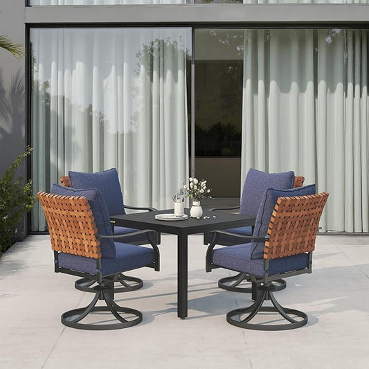 Grand patio 5-Piece Outdoor Dining Set, 4 Leather-Look Wicker Blue Swivel Patio Chairs & 1 Expandable Dining Table, Black