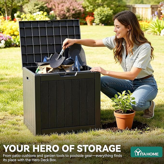 YITAHOME 31 Gallon Outdoor Storage Deck Box, Waterproof Resin Package Delivery and Storage Box with Lockable Lid for Patio Furniture Cushions, Pool Accessories, Garden Tools, Black